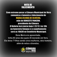 22/11/2021 08:18:00 (ATUALIZADA 10h20) - Nota de Falecimento e comunicado de LUTO OFICIAL no legislativo